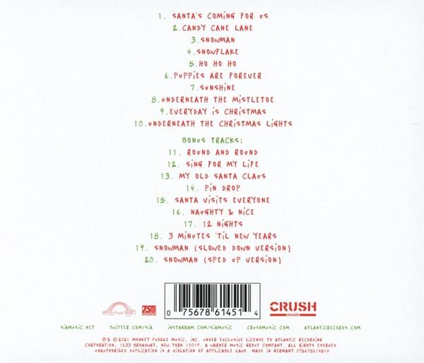 Rückseite einer CD mit Trackliste. Text ist rot und grün. Das Album ist von Sia.