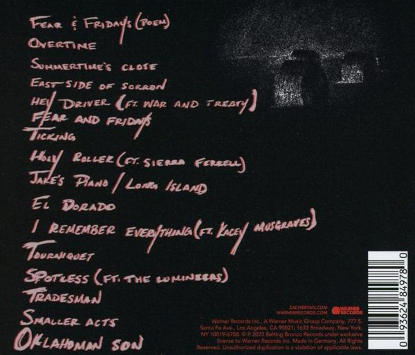 Albumcover mit einer Liste von Titeln und einem Barcode. Der Hintergrund ist dunkel.