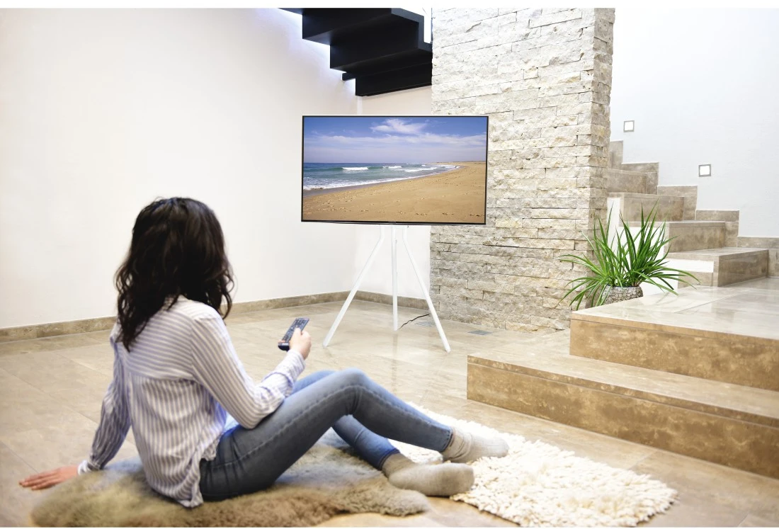Eine Frau sitzt auf einem Teppich und benutzt eine Fernbedienung, um einen Fernseher mit Strandansicht zu sehen.