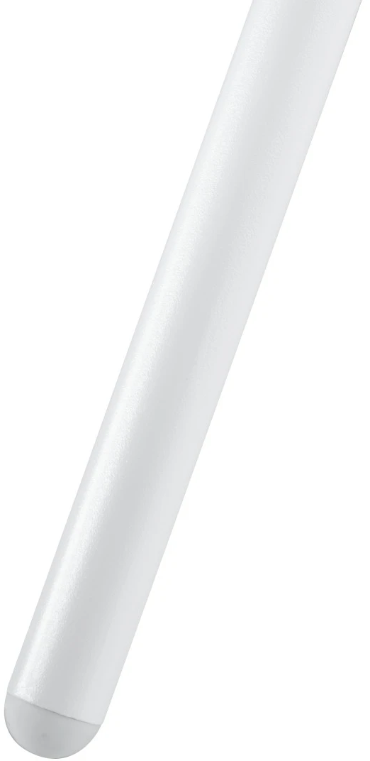 Weißer, abgerundeter Eingabestift, schräge Ansicht, glatte Oberfläche, auf weißem Hintergrund, minimales Detail.