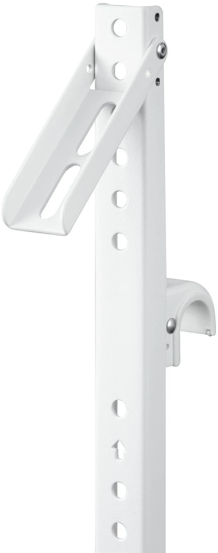 Weißer Wandhalter mit abgewinkelter Stütze und Haken.