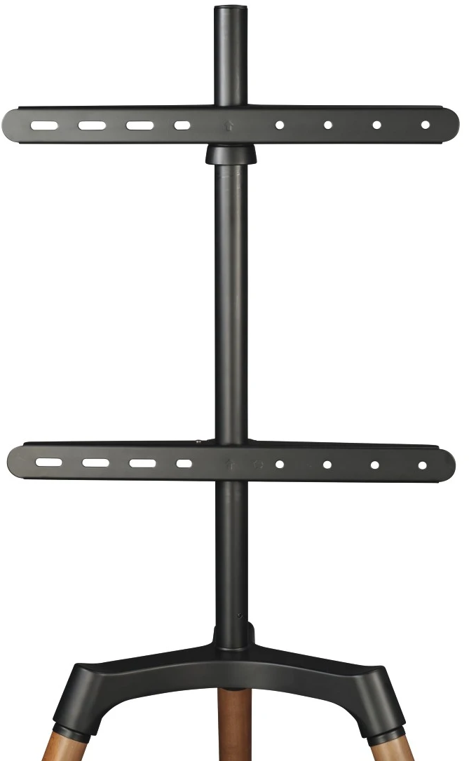 Schwarzer Metallständer mit zwei horizontalen Platten und Holzsockel.
