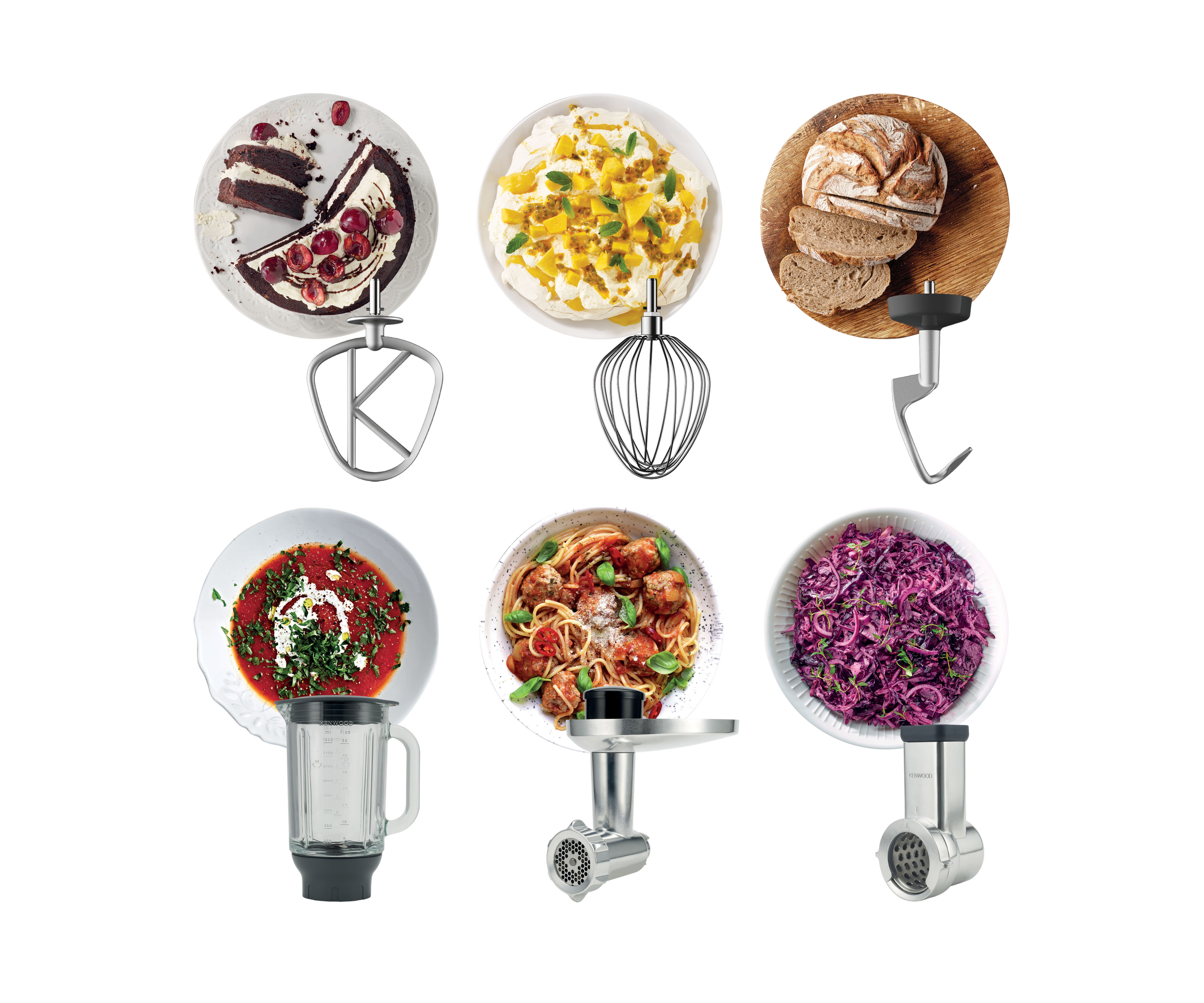Various food items, including cakes, bread, and pasta, are displayed with kitchen attachments.