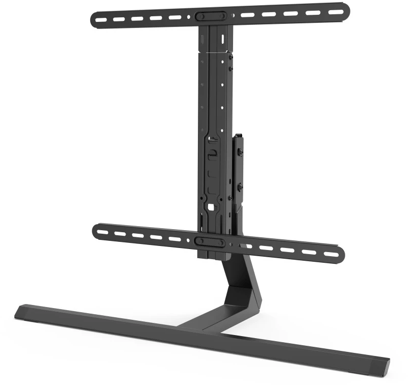 Un supporto TV nero con base lunga e colonna di supporto centrale, progettato per una TV.