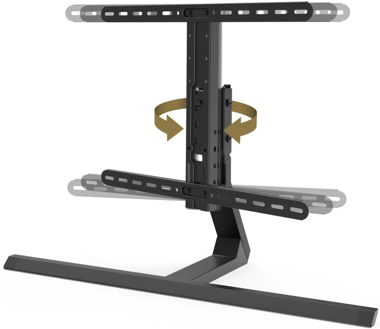 Supporto TV nero con bracci regolabili e base.