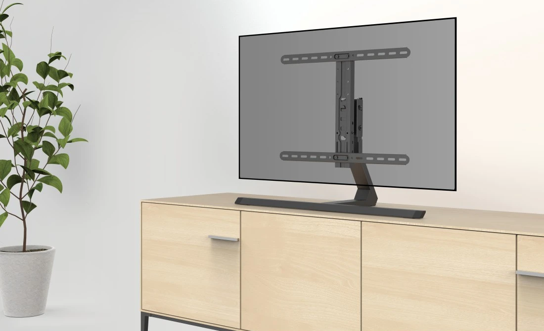 TV su mobile in legno con pianta. La TV ha un supporto nero e un supporto a parete.