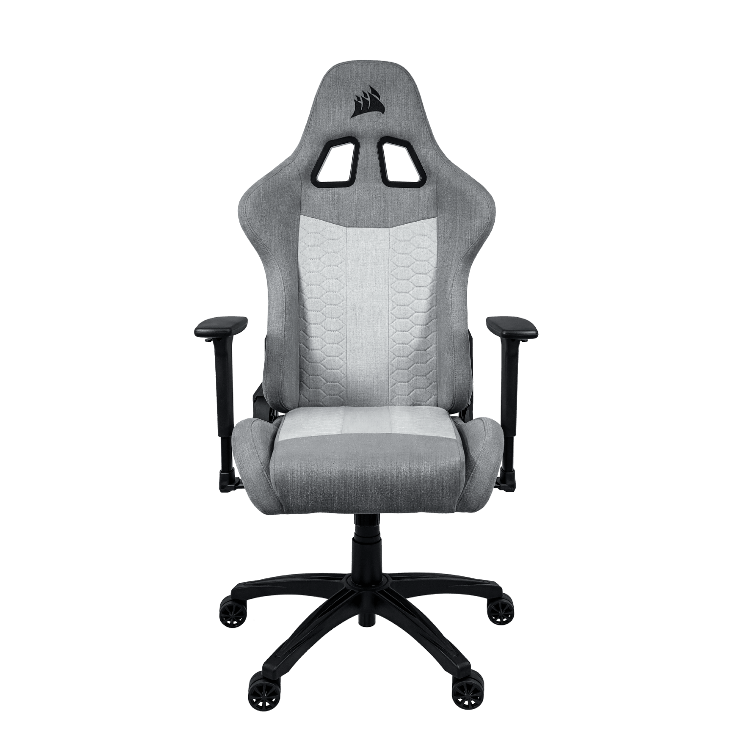 Silla gaming gris y blanca, vista frontal, con logo Corsair.
