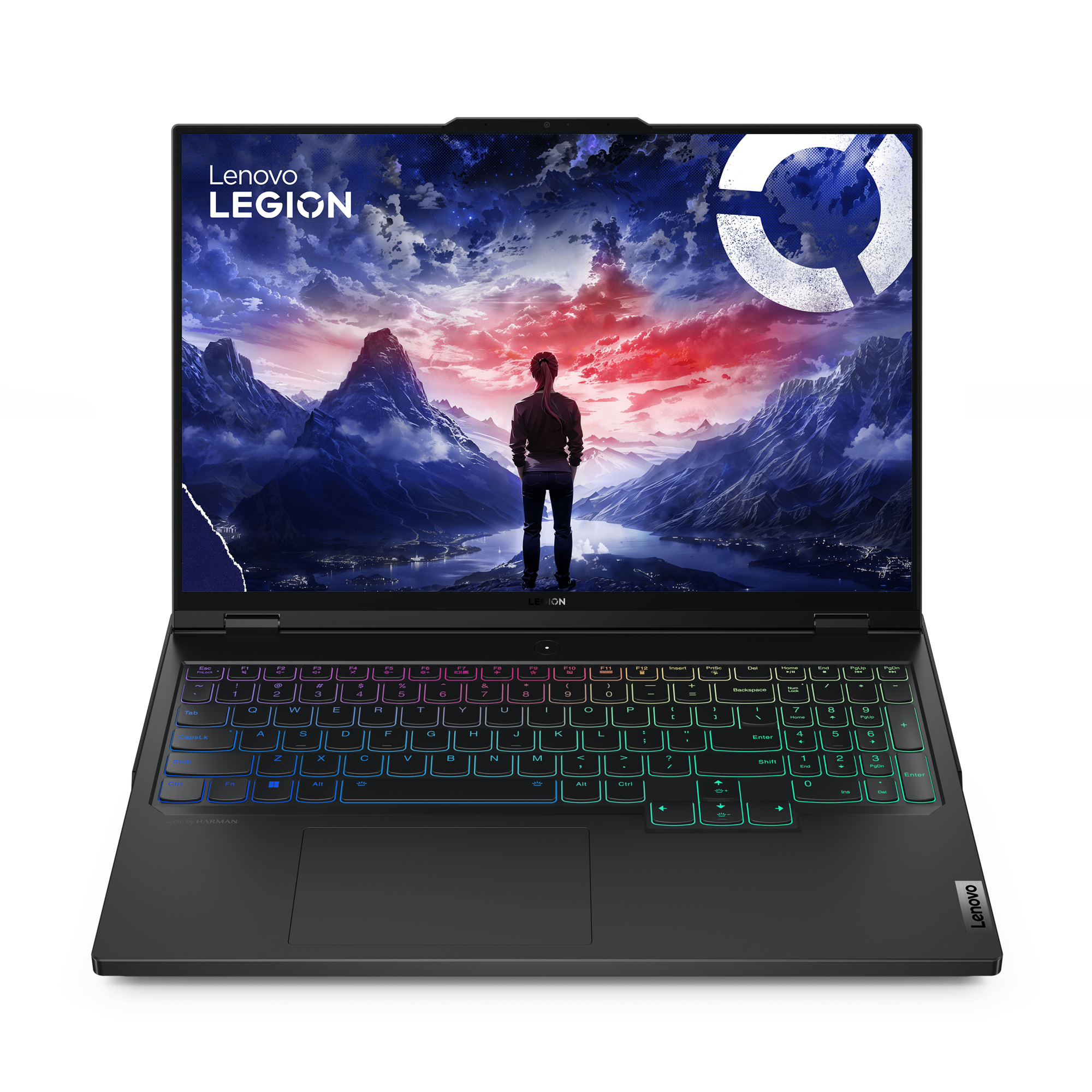 Manzara ekranlı dizüstü bilgisayar. Klavye aydınlatmalı, üstte Lenovo Legion logosu var.