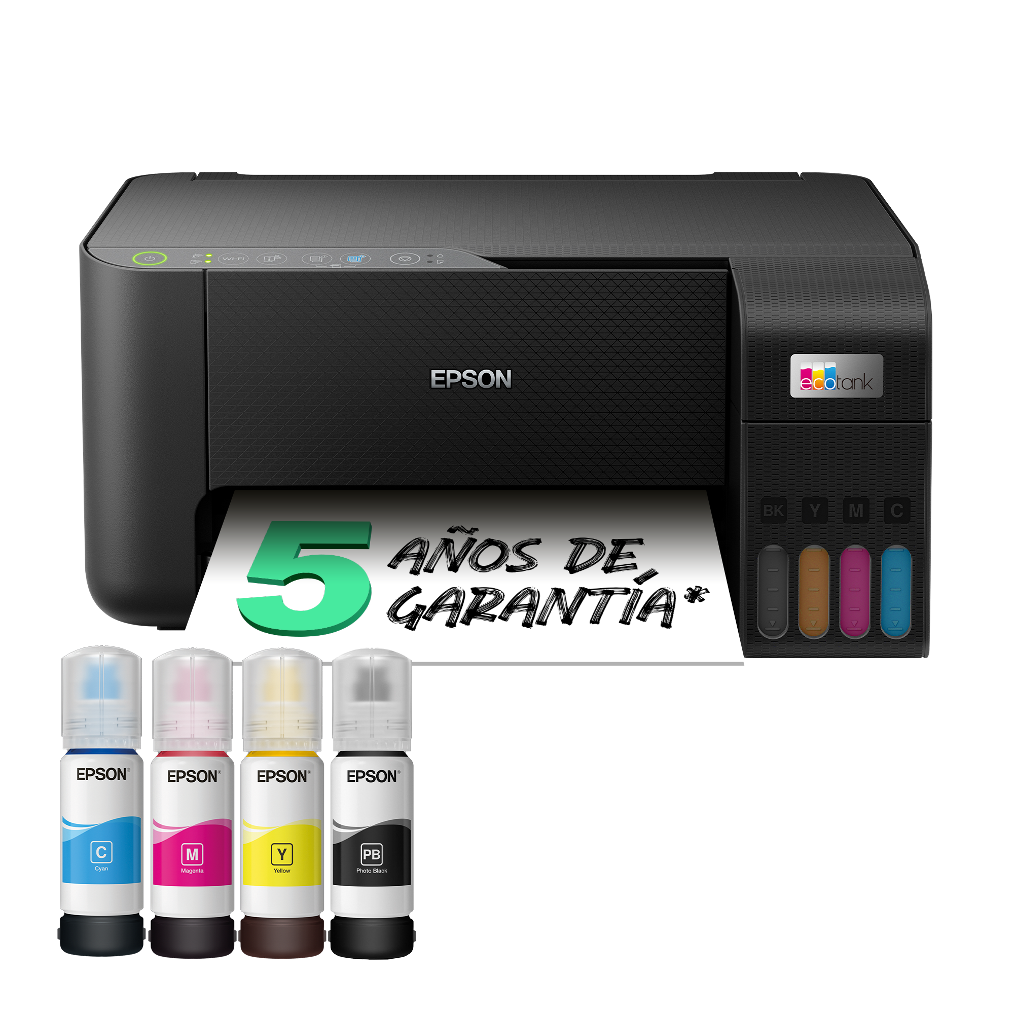 Impresora Epson negra con botellas de tinta. Papel blanco con '5 Años de Garantía'.
