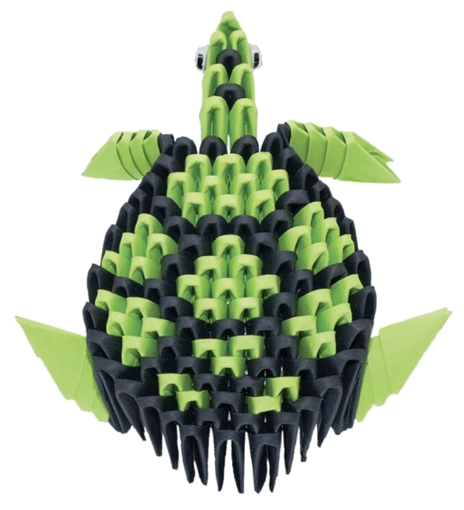Zöld és fekete origami teknős. Részletes geometriai minta, fekete háttéren.