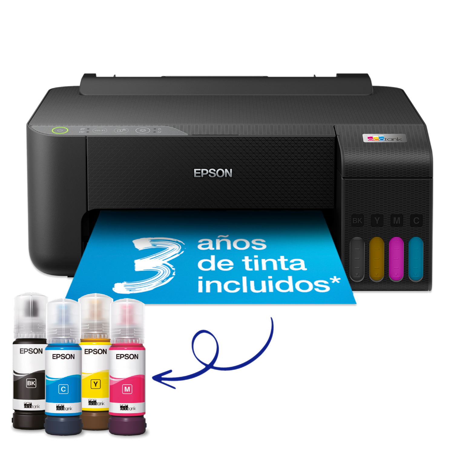 Impresora de inyección de tinta Epson con botellas de tinta y texto «3 años de tinta incluida». Papel azul en la impresora.