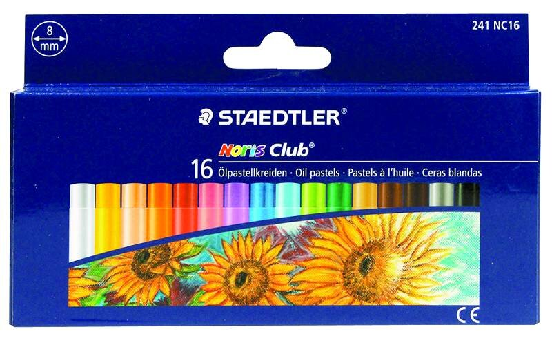 Pudełko pasteli olejnych Staedtler Noris Club. 16 kolorów, rysunek słoneczników na dole.