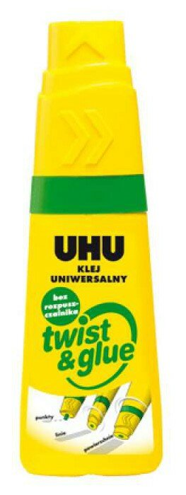 Żółta butelka UHU Twist & Glue z zielonymi akcentami i nazwą produktu.