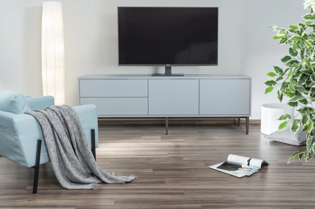Modernes Wohnzimmer mit Fernseher, Sofa und Pflanze. Grauer Schrank unter dem Fernseher, Holzboden.