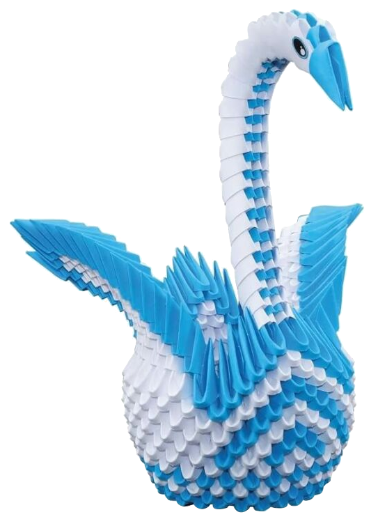 Kék-fehér origami hattyú. Ívelt nyaka és kinyújtott szárnyai vannak.