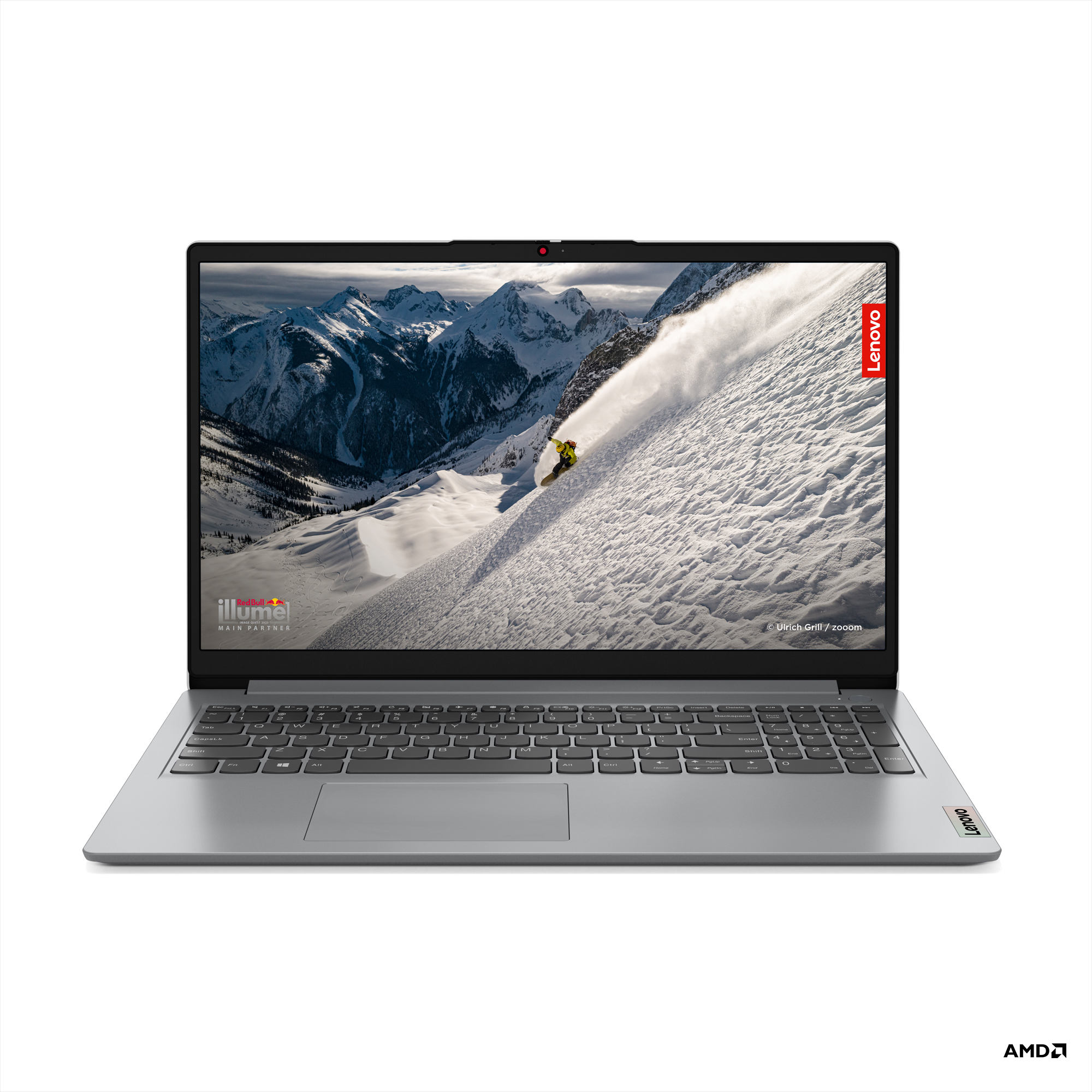 Bir Lenovo dizüstü bilgisayarda kayakçı ile dağ manzarası görüntüleniyor. Lenovo logosu mevcut.