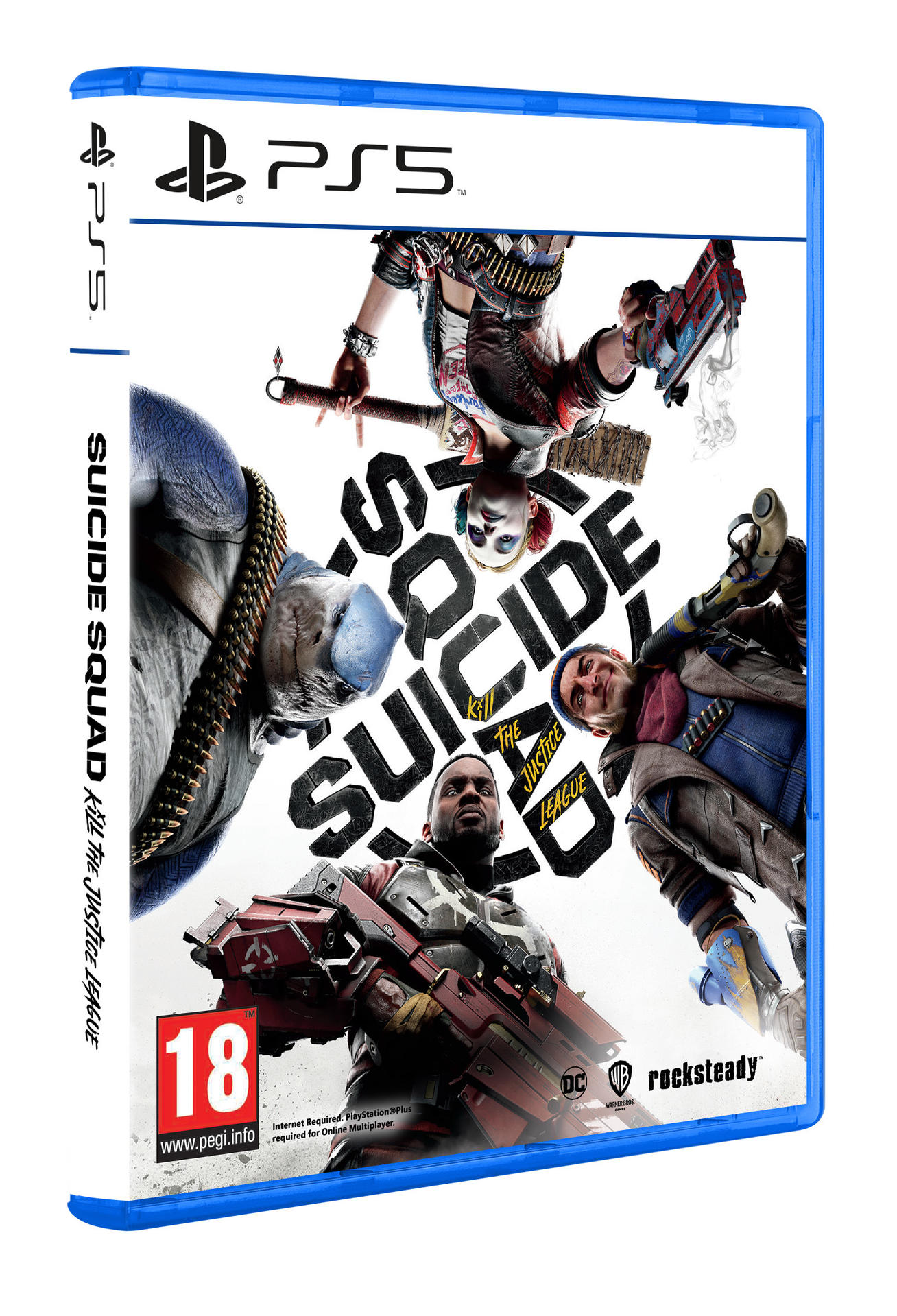 Suicide Squad Spielhülle für PS5. Charaktere sind auf der Vorderseite abgebildet. Blaue Hülle.