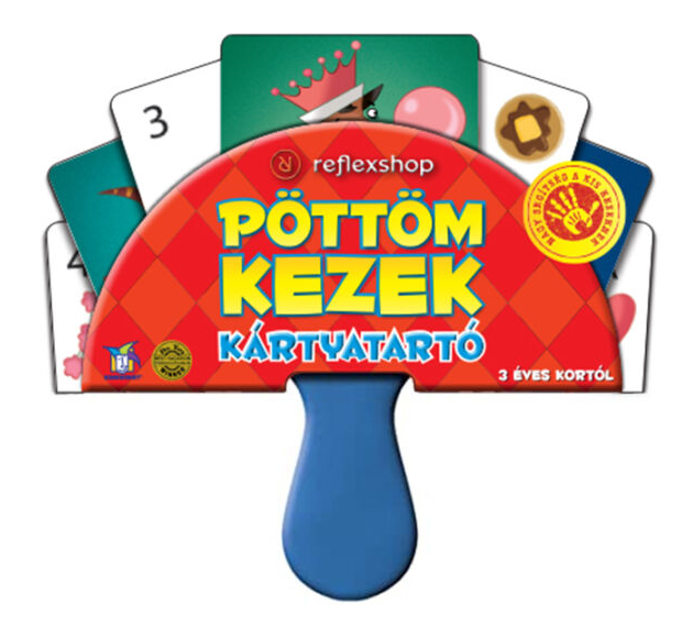 Egy kártyatartó játék kártyákkal. A borítón a PÖTTÖM KEZEK KÁRTYATARTÓ felirat látható.