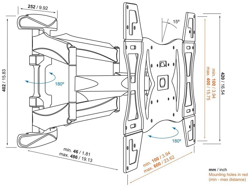 Schemat uchwytu ściennego do telewizora z wymiarami i stopniami ruchu.