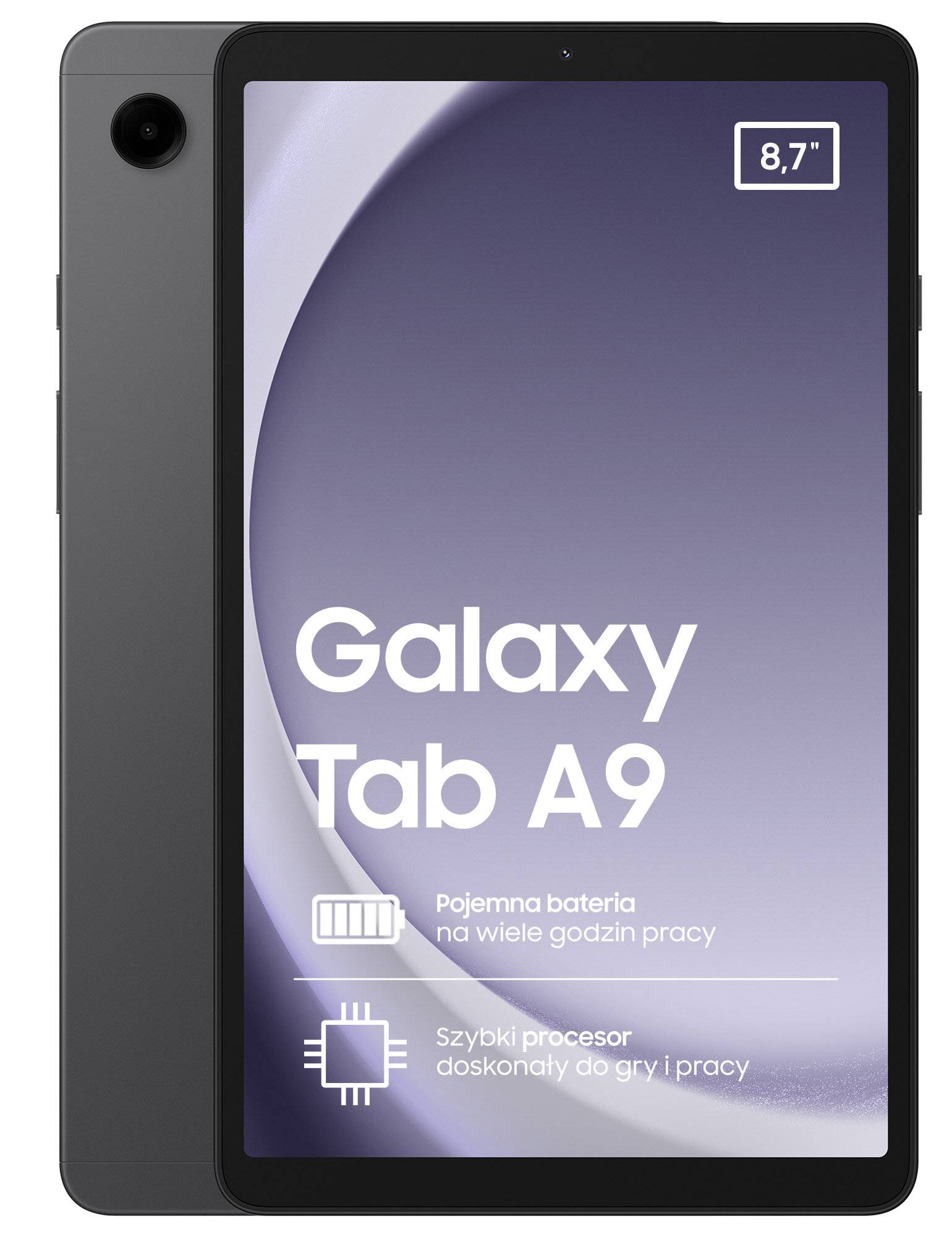 Szary tablet Samsung Galaxy Tab A9. Duży ekran, czarna ramka. Tekst: Galaxy Tab A9.