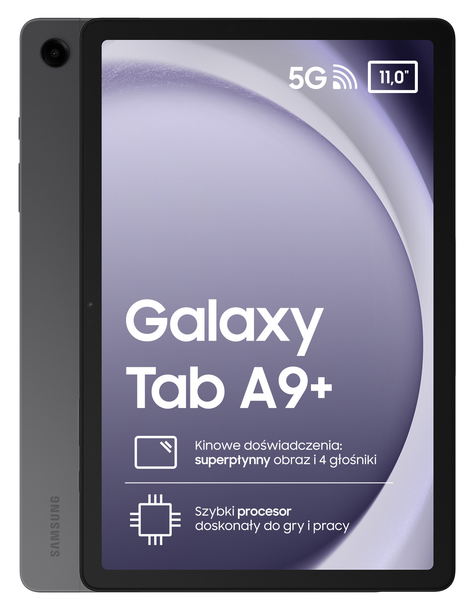 Tablet Samsung Galaxy Tab A9+. Ekran wyświetla tekst. Jest w szarej obudowie.