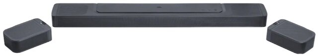 Czarny soundbar i dwa głośniki satelitarne, wszystko na białej powierzchni.