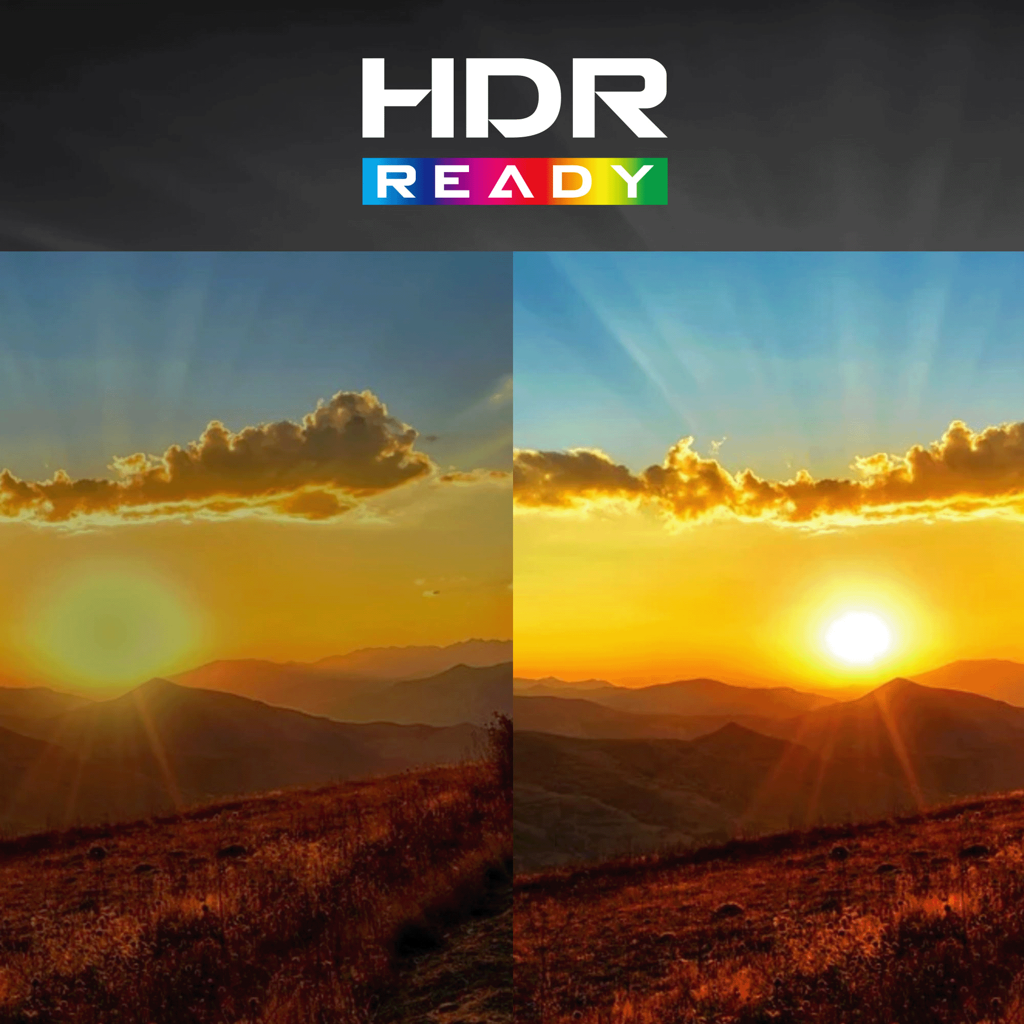 Zwei Sonnenuntergangslandschaften nebeneinander. Das rechte Bild ist heller, HDR-Ready-Logo oben, über den Bildern.