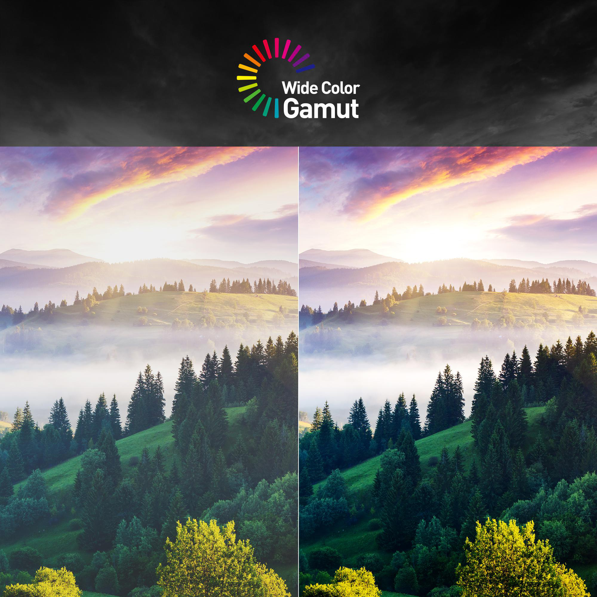 Ein geteiltes Bild, das eine malerische Landschaft zeigt. Die linke Seite ist gedämpft, die rechte Seite zeigt lebendige Farben.