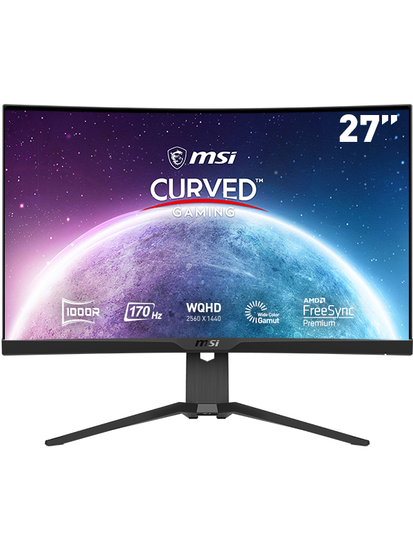 Gebogener MSI-Gaming-Monitor mit einem Planetenbild auf dem Bildschirm.