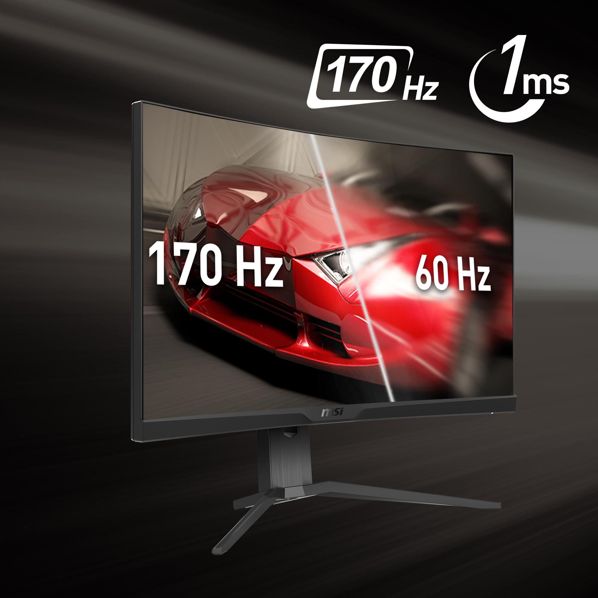 MSI-Monitor mit Rennszene. Anzeige zeigt 170 Hz und 1 ms Reaktionszeit.
