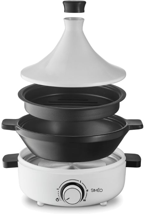 An exploded view of a white and black cooking appliance. It appears to be a steamer or a tagine.