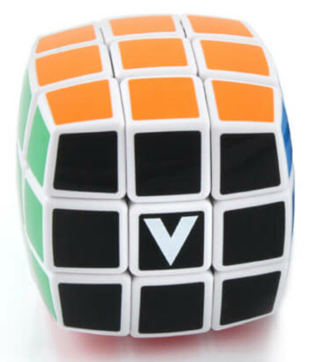 Rubik-kocka fehér, fekete, narancs, zöld és kék négyzetekkel.