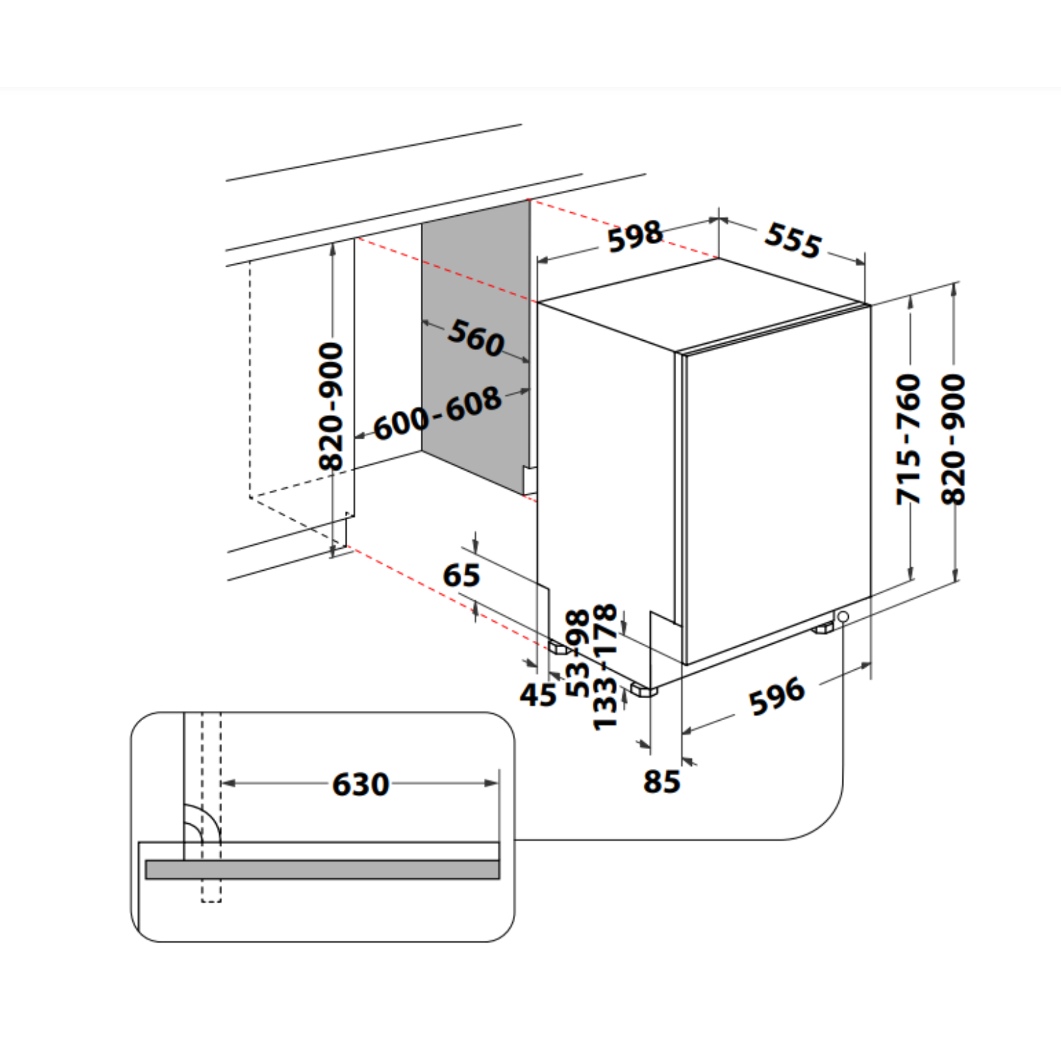Diagram van een inbouwvaatwasser met afmetingen, met installatiematen en details.
