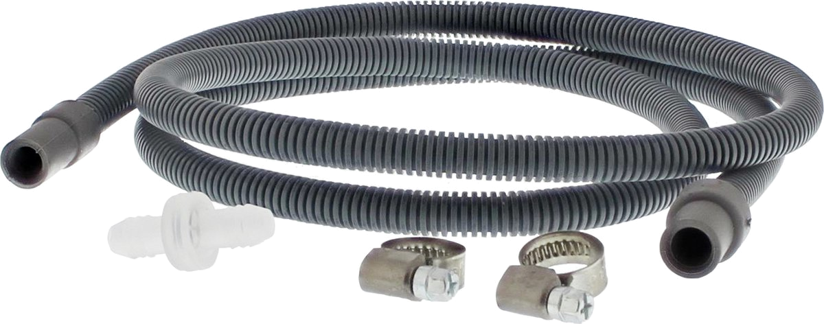 Tuyau de vidange de machine à laver avec colliers et une pièce en plastique blanc. Le tuyau est gris et ondulé.