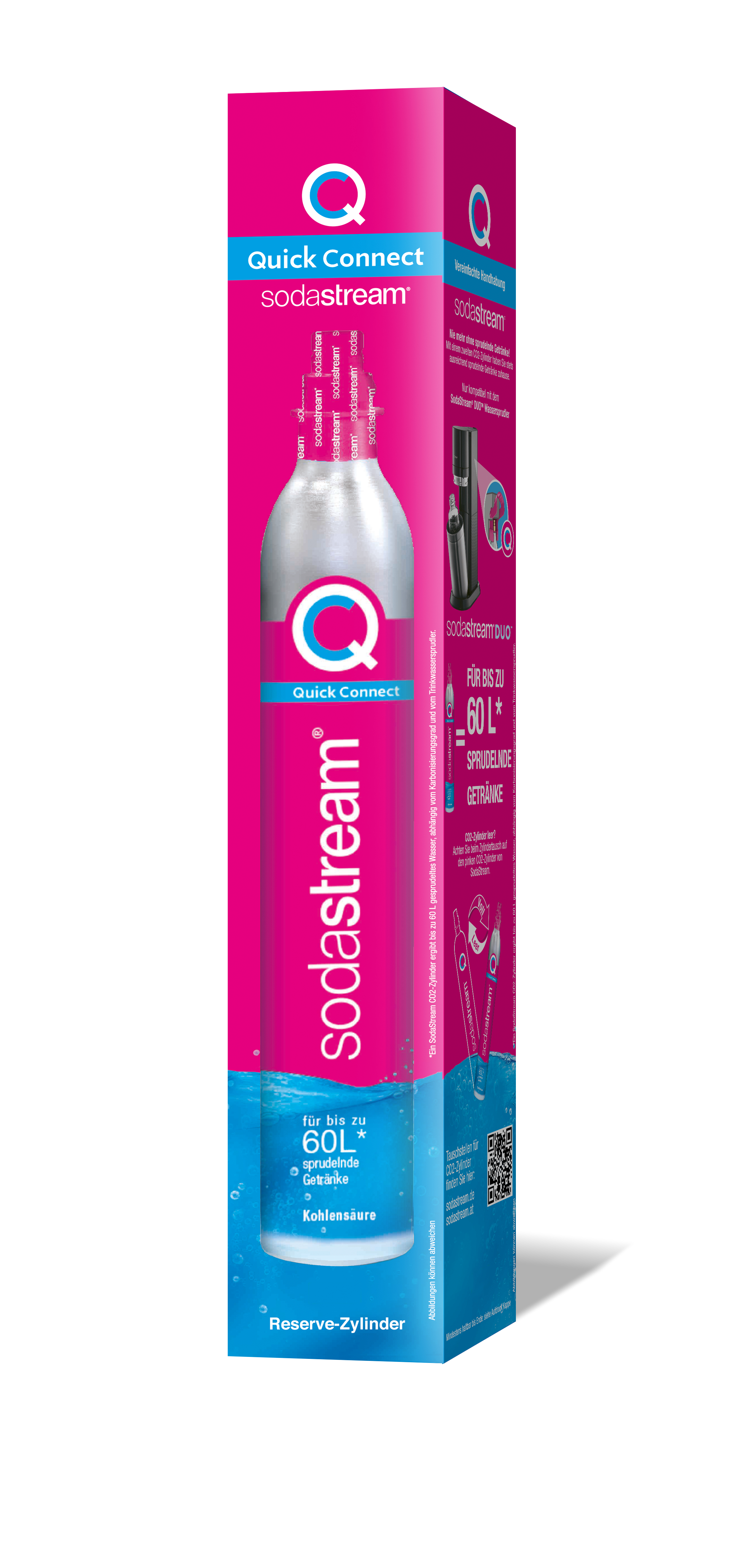 Eine rosa und weiße SodaStream-Box mit einer Gasflasche darin.