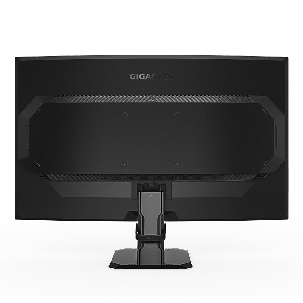 Rückseite eines schwarzen Monitors. Mit Gigabyte-Logo und Standfuß. Schlankes, modernes Design.