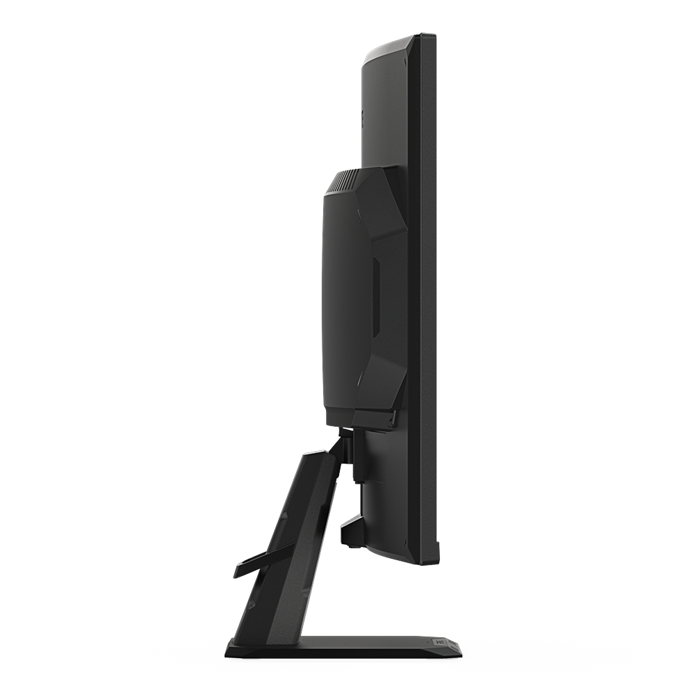 Seitenansicht eines schwarzen Computermonitors mit Ständer auf weißem Hintergrund.
