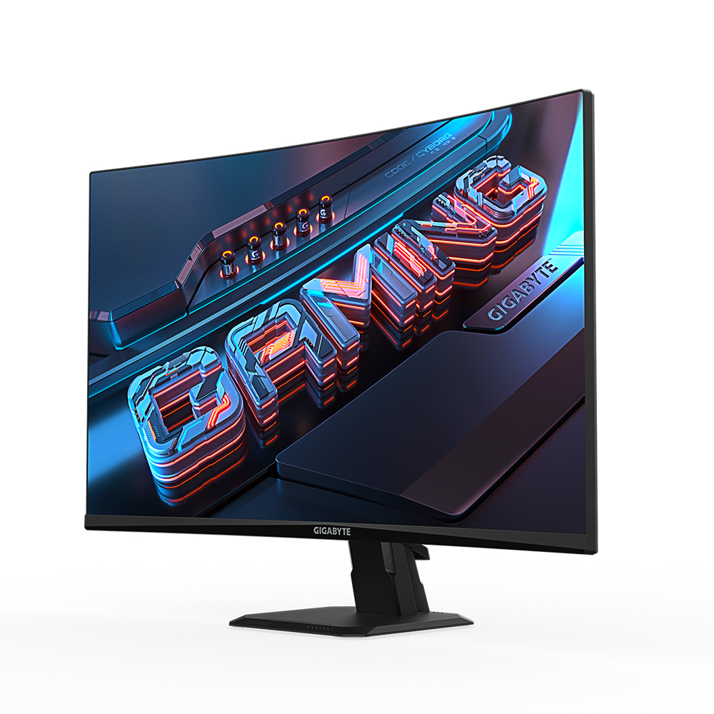 Gebogener GIGABYTE Gaming-Monitor. Schwarzer Rahmen. Gaming-Logo mit blauen und orangen Lichtern.