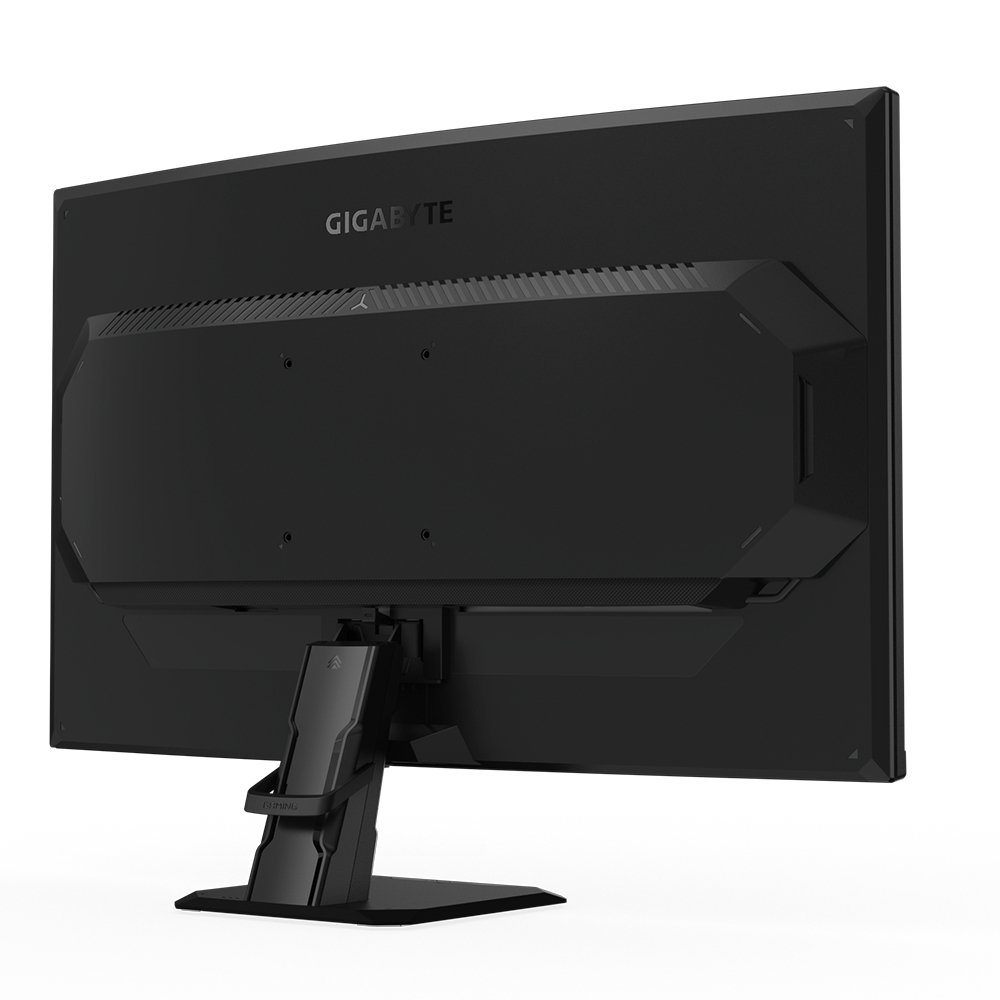 Schwarzer Monitor, Rückansicht, mit GIGABYTE-Logo. Ständer und Rückwand sind schwarz.