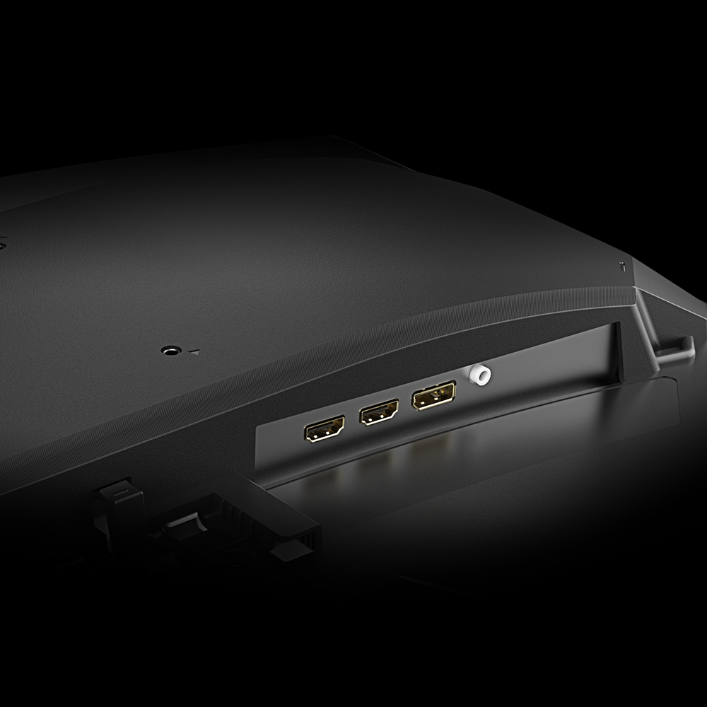Schwarze elektronische Geräterückseite mit drei HDMI-Anschlüssen und einem weißen Anschluss auf schwarzem Grund.