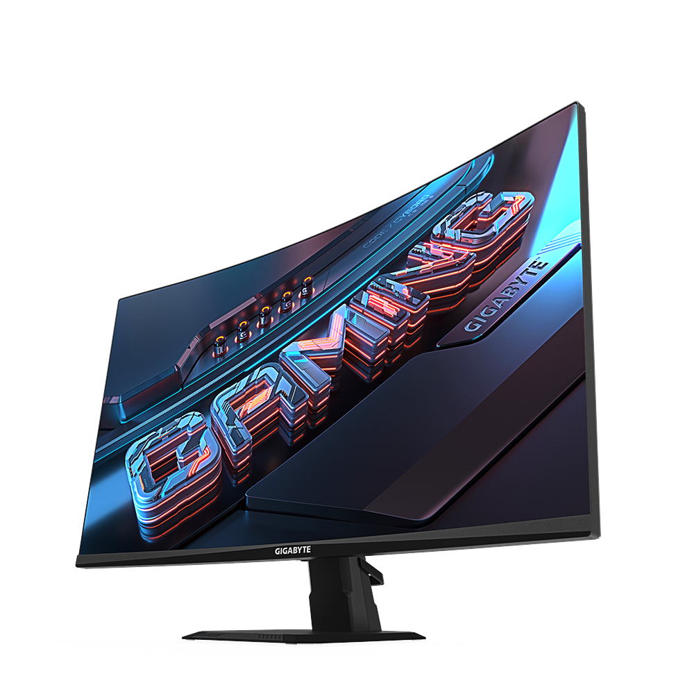 Gebogener Gaming-Monitor mit Grafiken und dem Markennamen GIGABYTE.