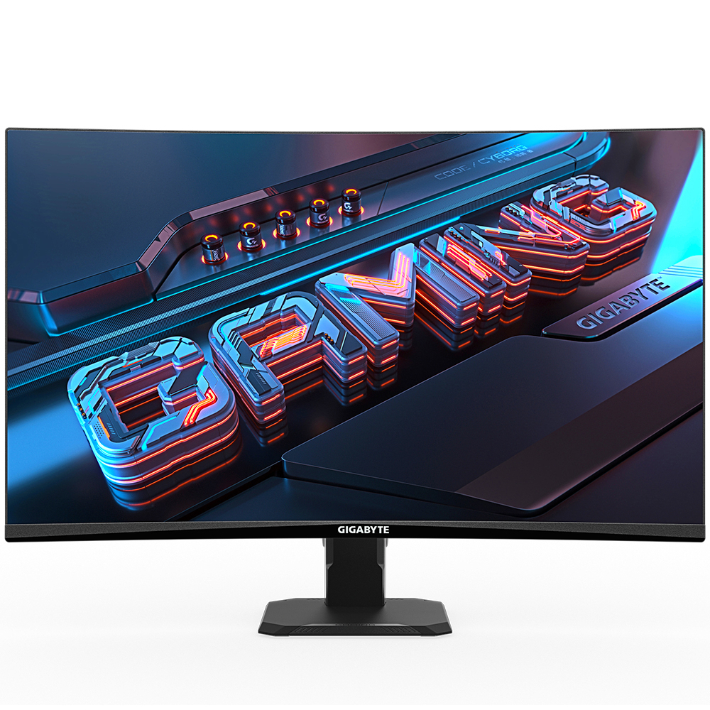 Gebogener Gaming-Monitor mit Spielbildschirm mit farbenfrohen Grafiken, auf einem schwarzen Ständer.