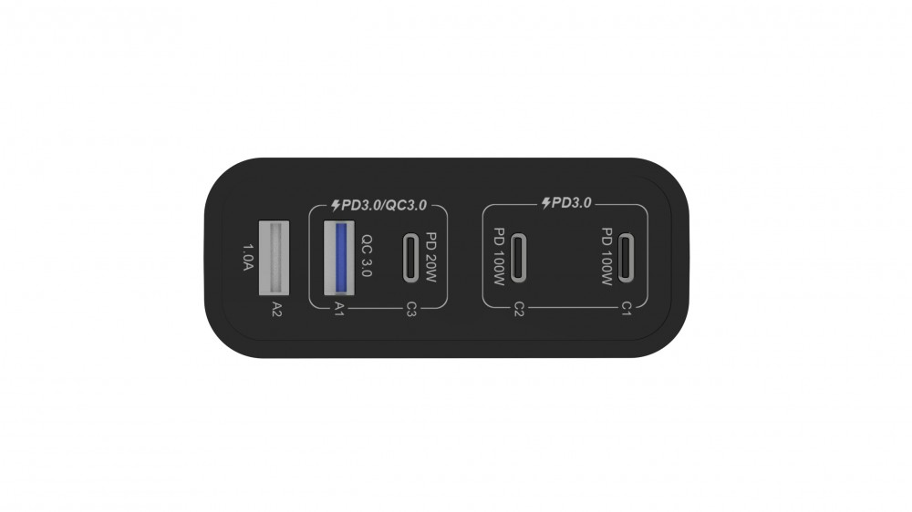 Fekete hálózati adapter több porttal. Portok: 1.0A, PD3.0/QC3.0, QC 3.0, PD 20W, PD 100W.