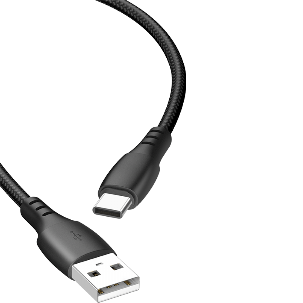 Fekete USB-C - USB kábel fekete csatlakozókkal. A kábel fonott, fekete háttéren.