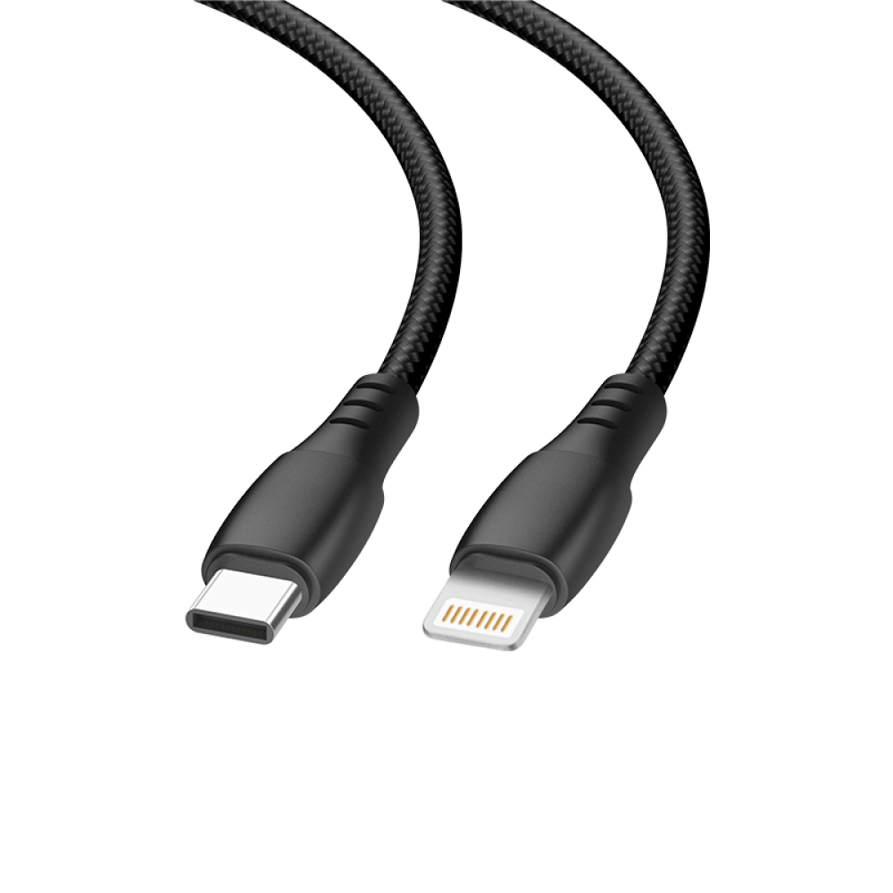 Két USB-C - Lightning kábel, fekete fonott kialakítással, fekete háttér előtt.
