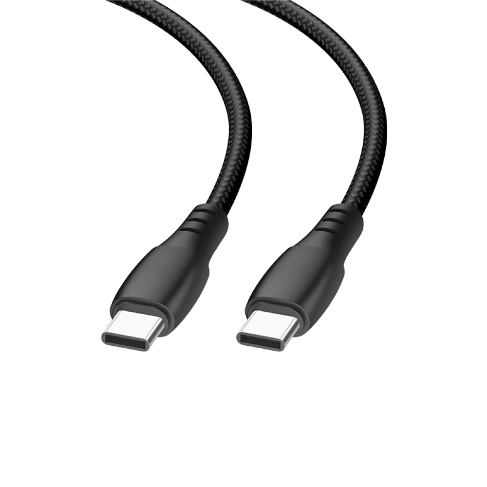 Két fekete USB-C kábel fekete csatlakozókkal, fekete háttér előtt.