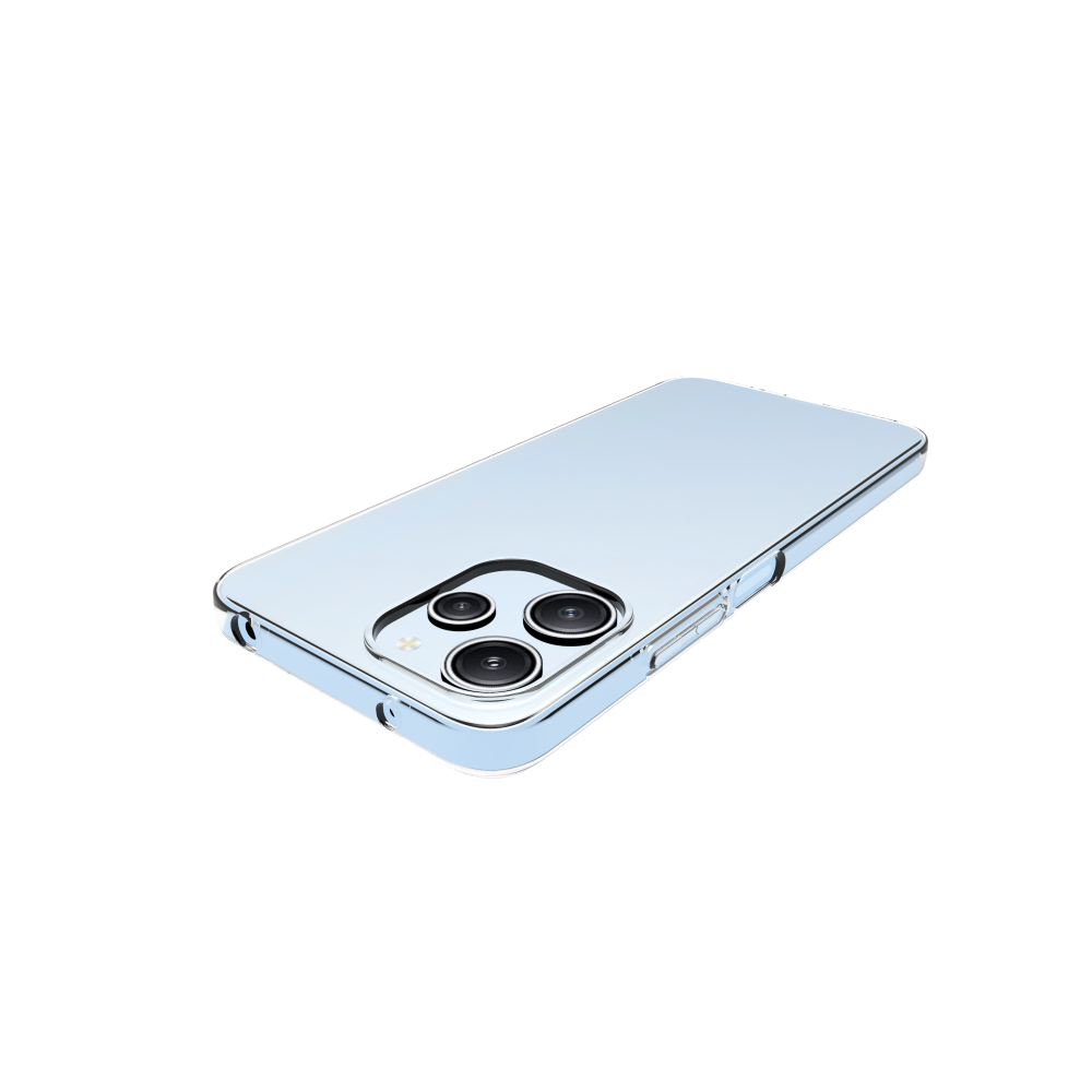 Világoskék telefon három kamerával és ezüst kerettel, fekete háttéren.