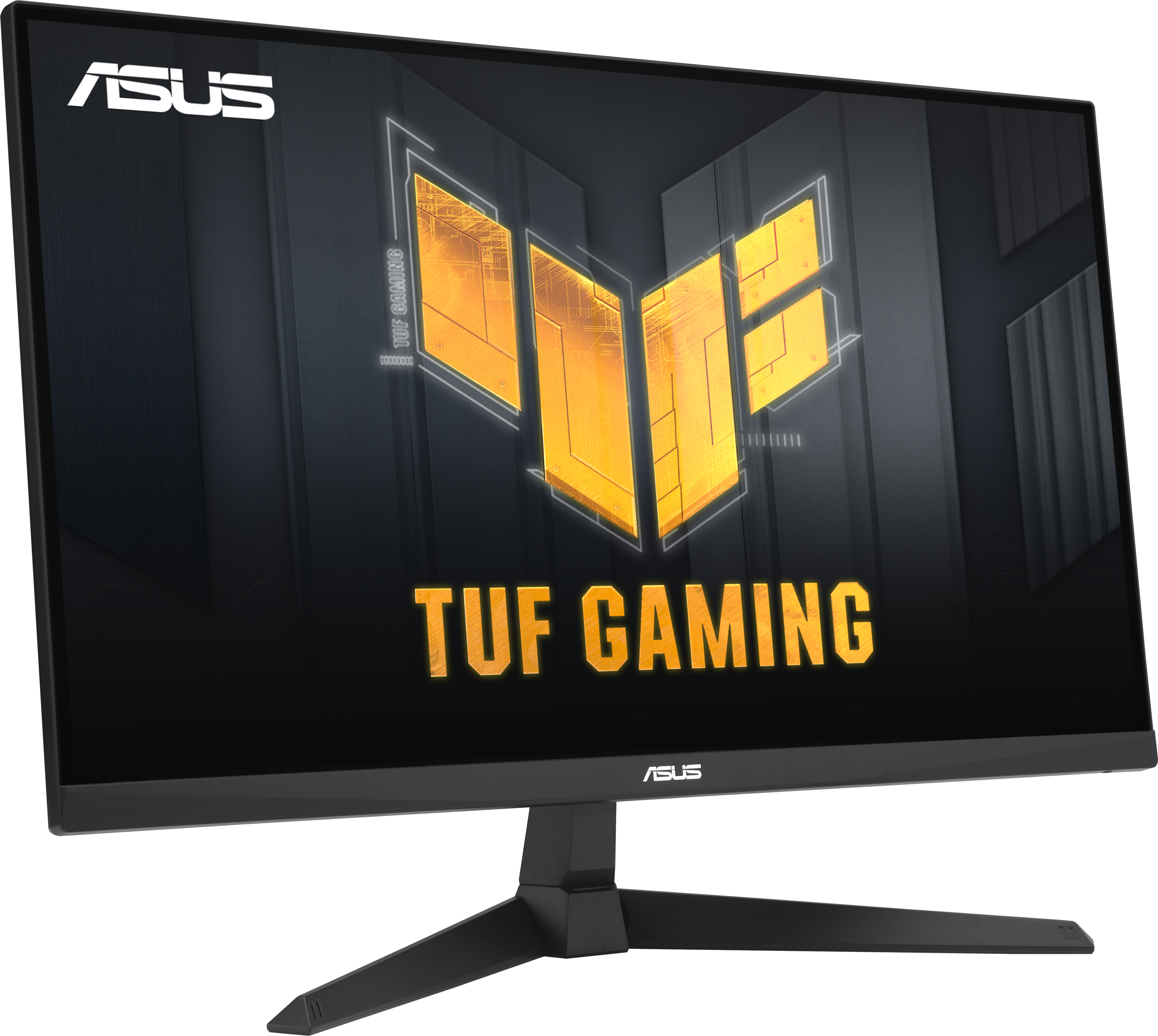 Ein schwarzer ASUS TUF Gaming Monitor mit gelbem Logo auf schwarzem Hintergrund.