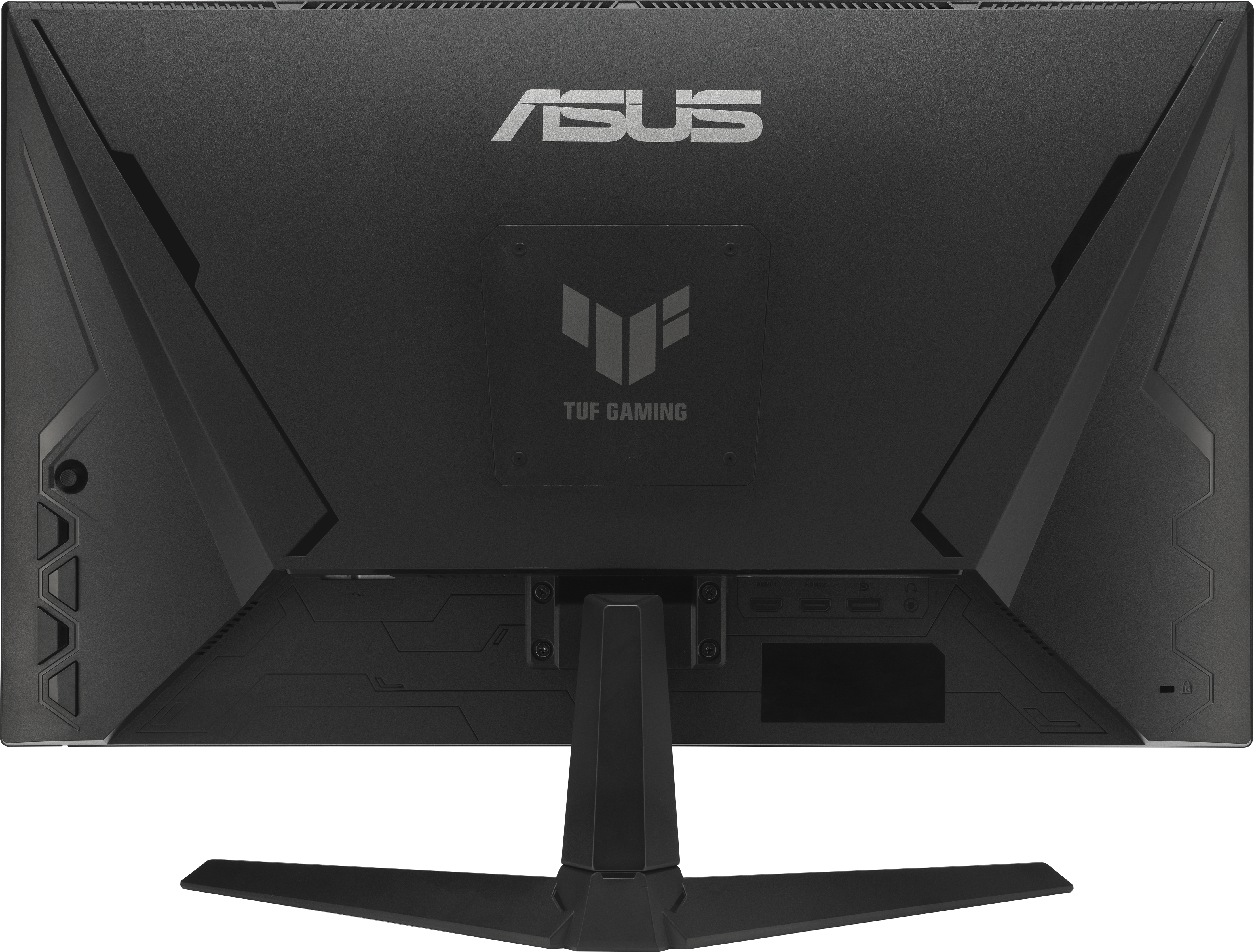 Die Rückseite eines schwarzen ASUS TUF Gaming Monitors mit sichtbaren ASUS- und TUF GAMING-Logos.