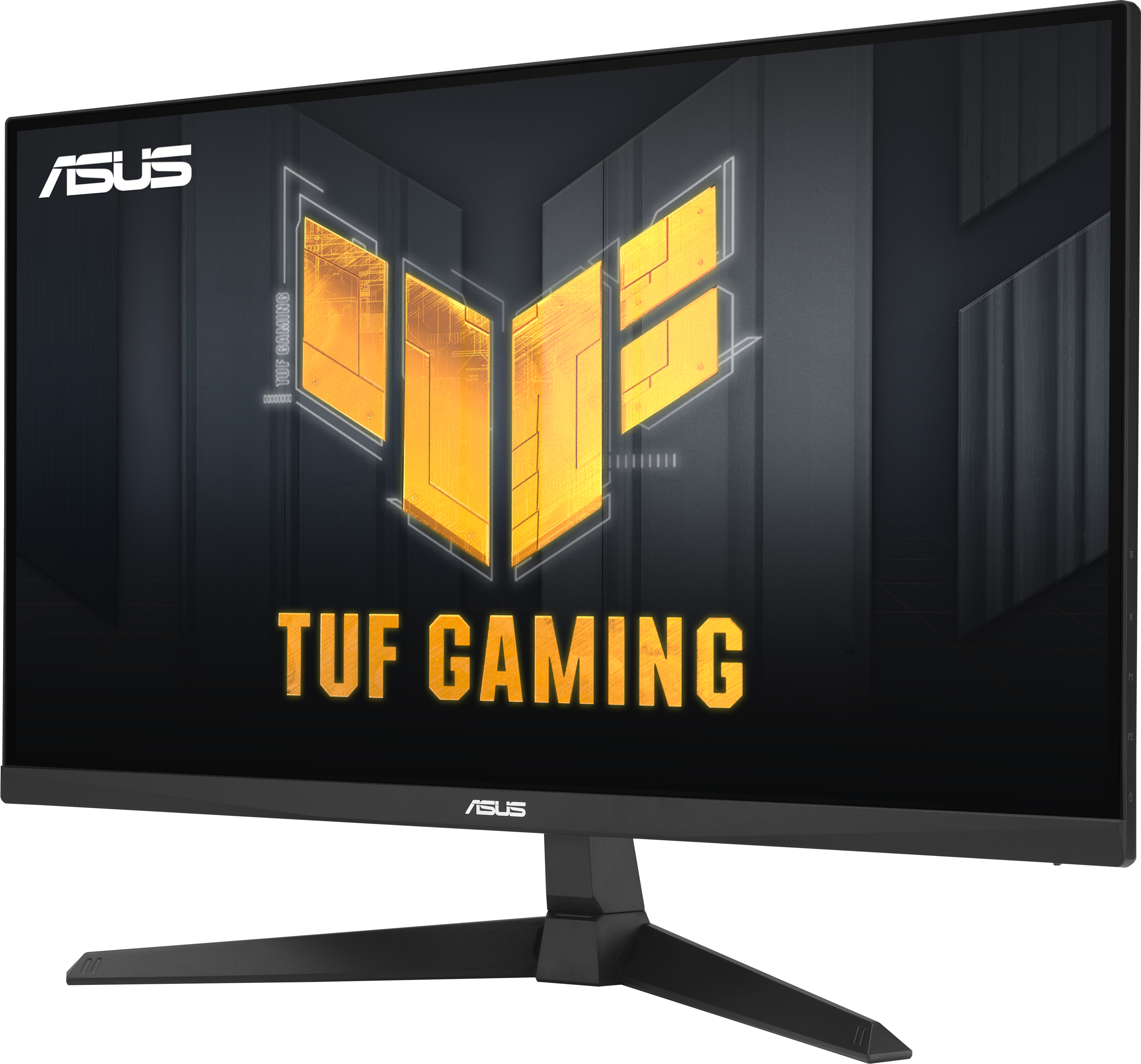 Schwarzer ASUS TUF Gaming Monitor auf einem schwarzen Ständer. Der Bildschirm zeigt das TUF-Logo.